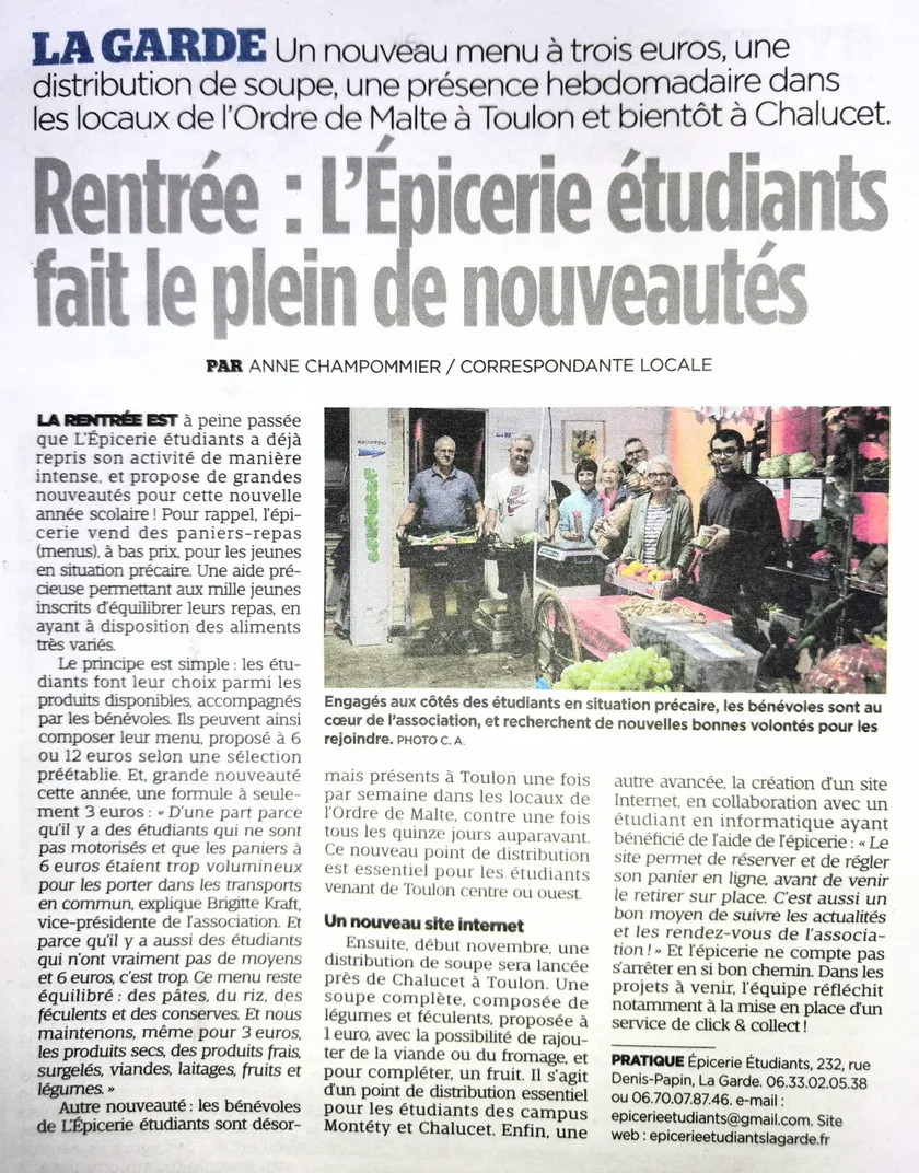 Article de Var-Matin consacré aux nouveautés de l’Épicerie Étudiants à La Garde et Toulon
